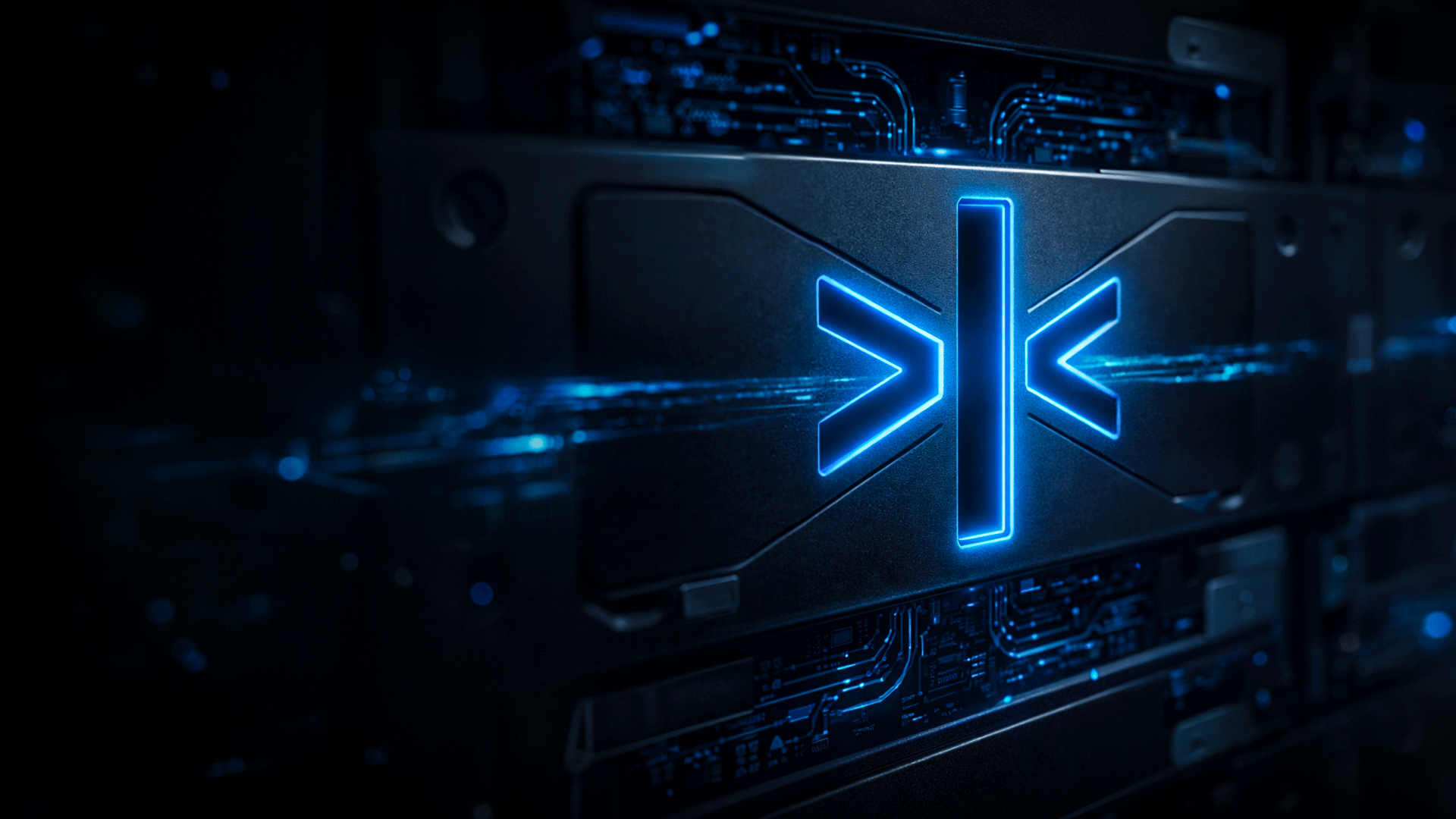 Enterprise storage artwork with a blue illuminated Vohkus symbol against dark server infrastructure