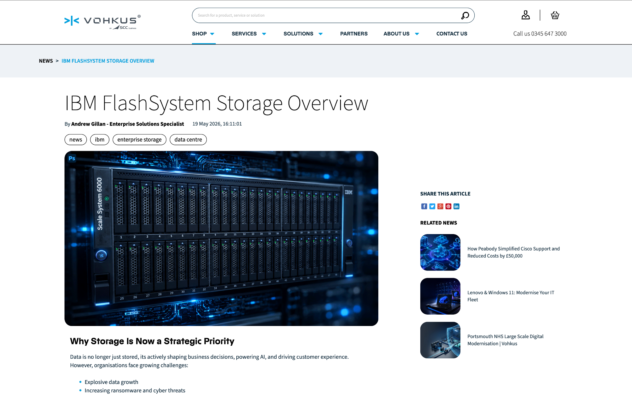 Published Vohkus article, IBM FlashSystem Storage Overview, by Andrew Gillan, dated 19 May 2026, with IBM storage imagery
