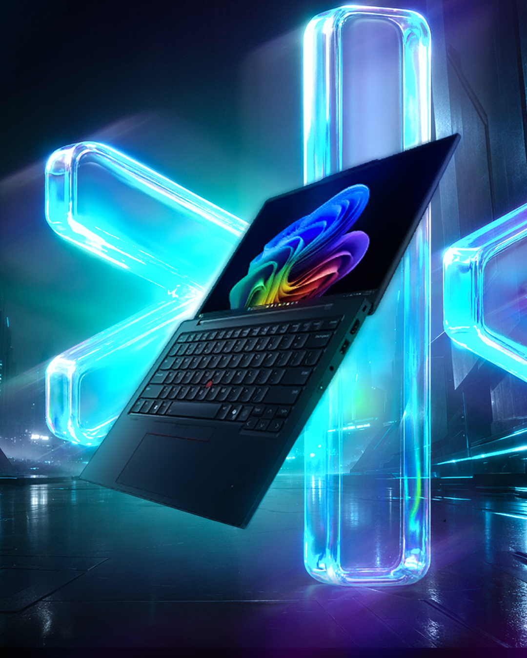 AI laptop campaign artwork, a laptop surrounded by luminous cyan forms