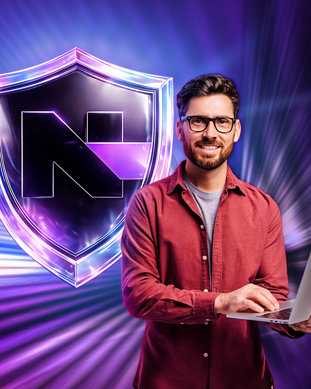 N-able campaign artwork with a purple illuminated shield and a man holding a laptop