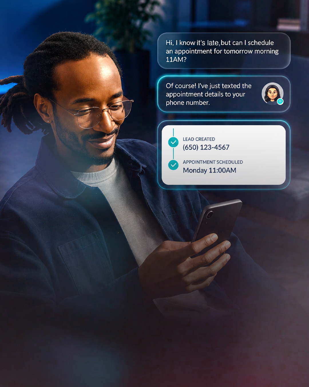 RingCentral AI Receptionist artwork showing a customer using a phone beside appointment and conversation panels
