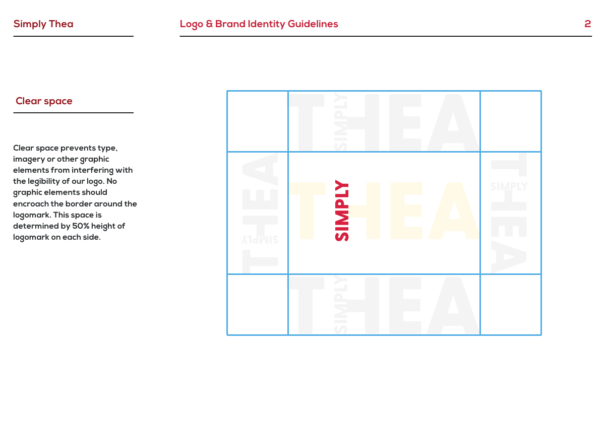 Original Simply Thea guideline page showing clear-space rules around the logo
