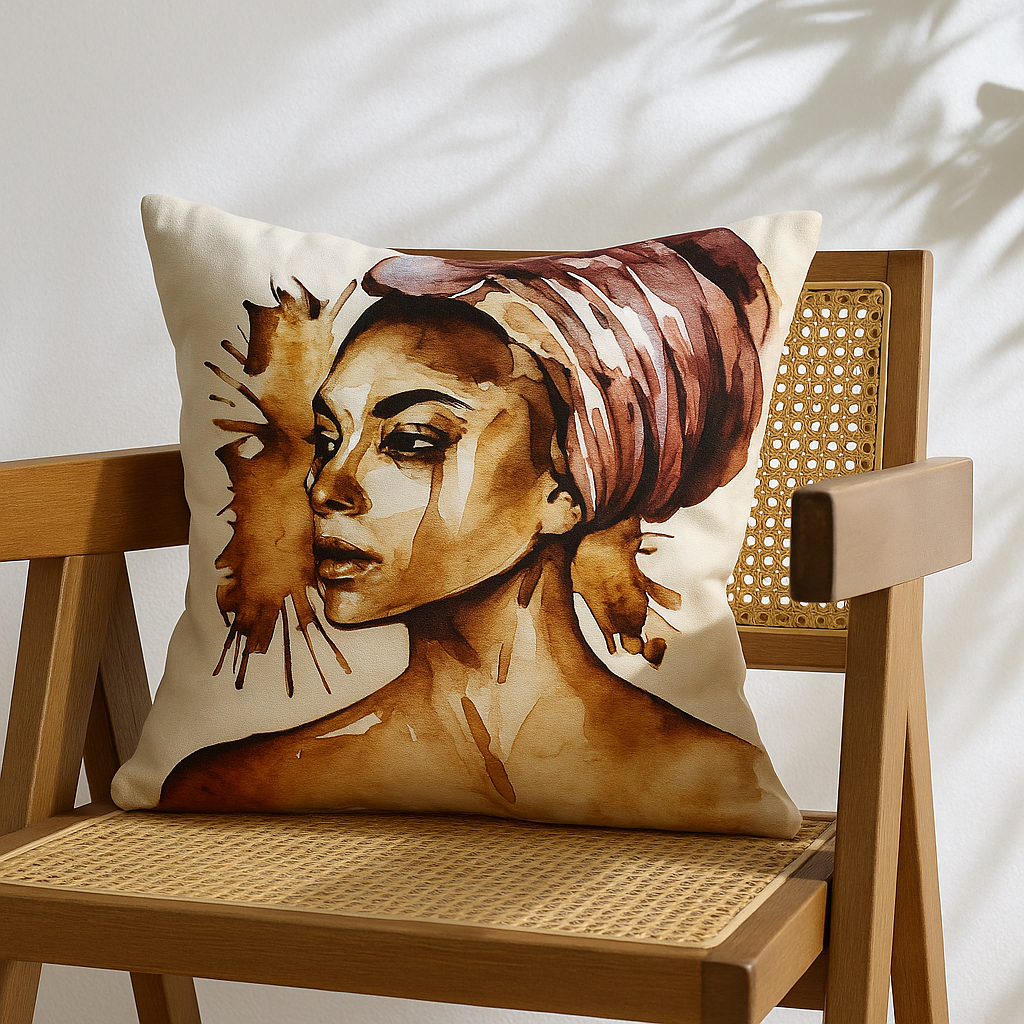 Portrait artwork cushion mockup on a cane chair