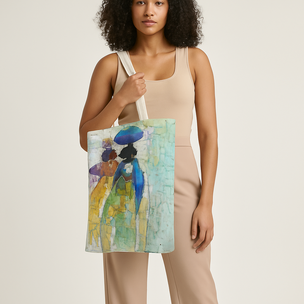 Fashion mockup featuring a tote bag with colourful painted figures