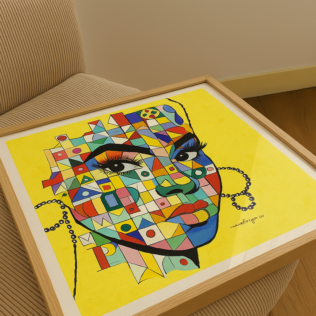 Digitally constructed visualisation of framed geometric portrait artwork