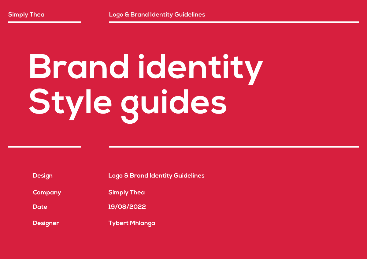Simply Thea Brand Identity Guidelines cover, identifying Tybert Mhlanga as designer