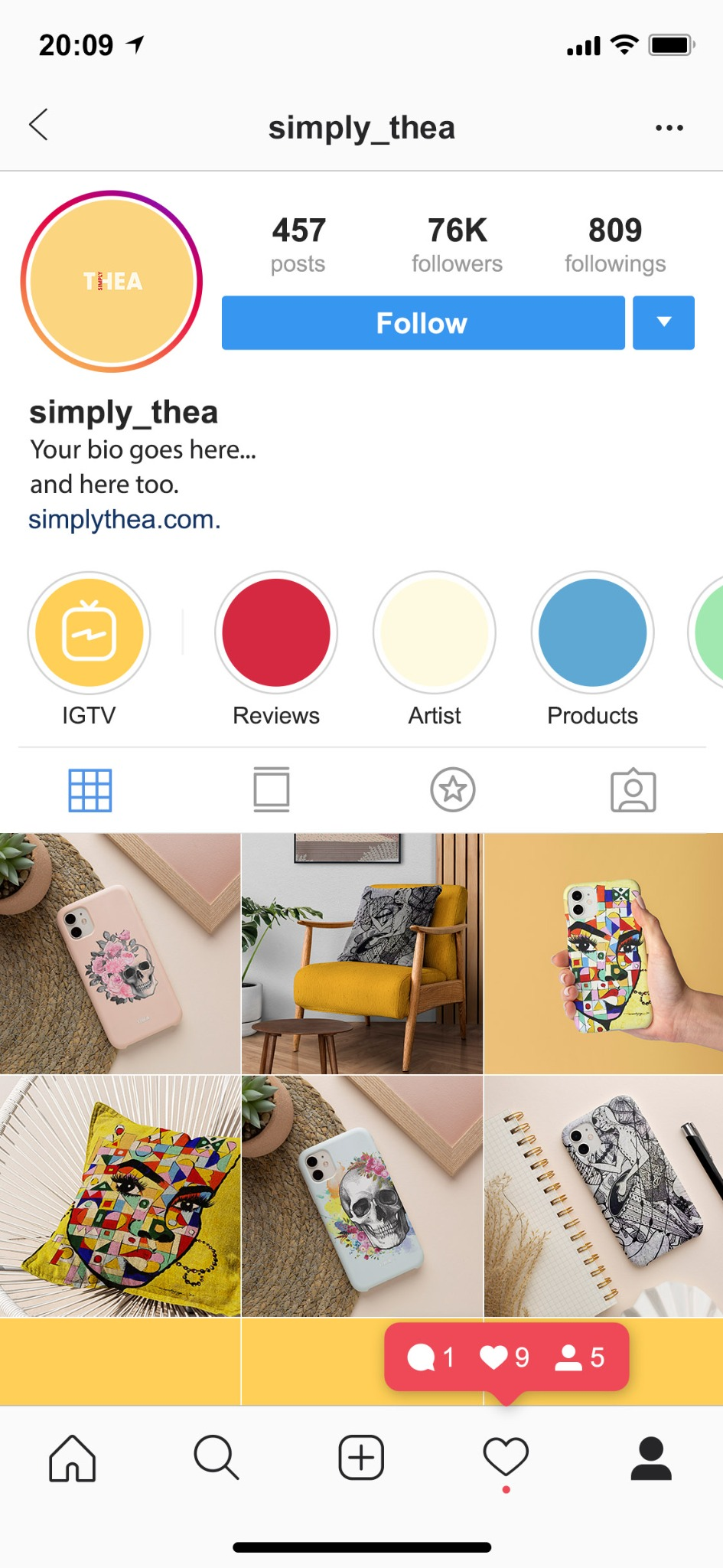 Simply Thea Instagram profile mock-up showing the identity and product imagery