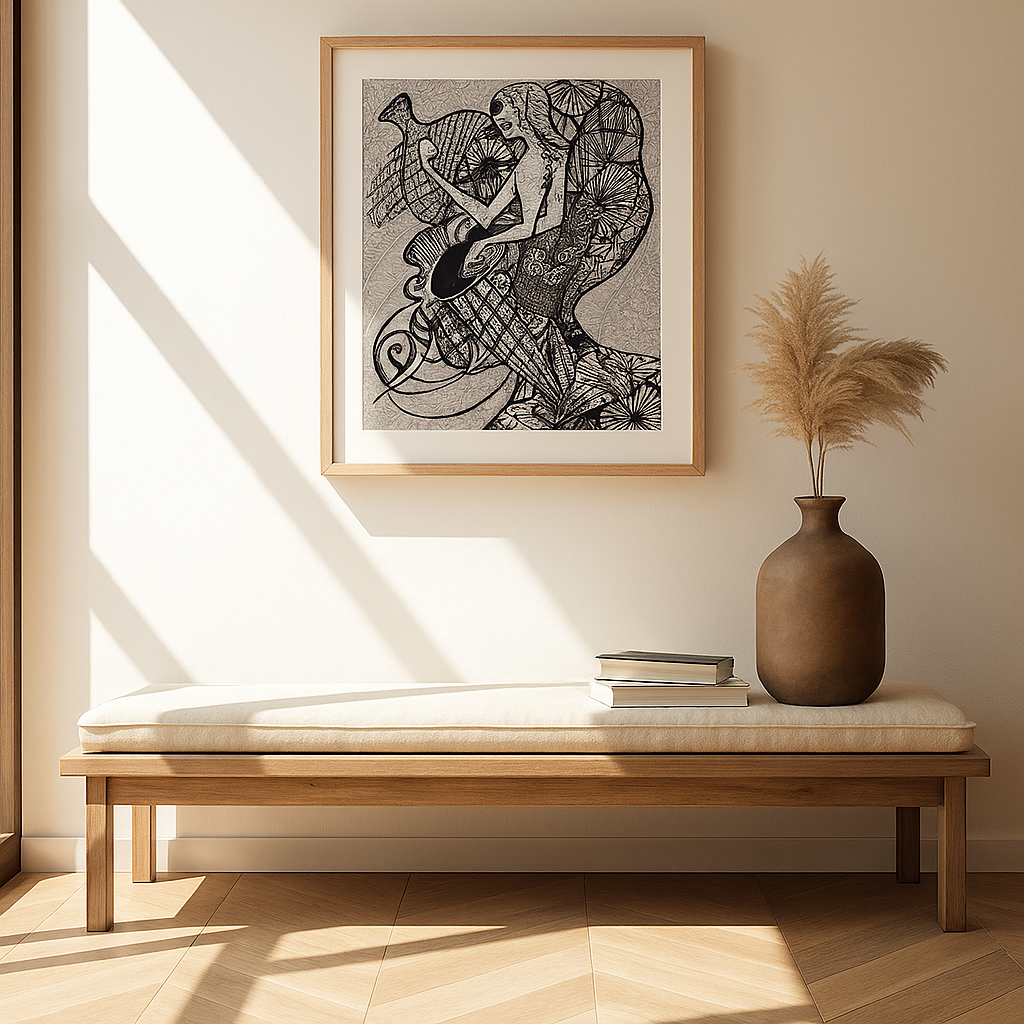 Framed monochrome artwork visualisation in a minimalist interior