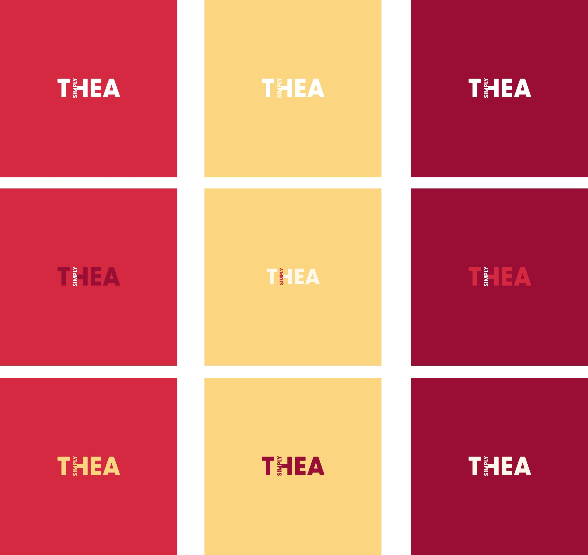 Nine Simply Thea wordmark variations across approved red, yellow and burgundy backgrounds