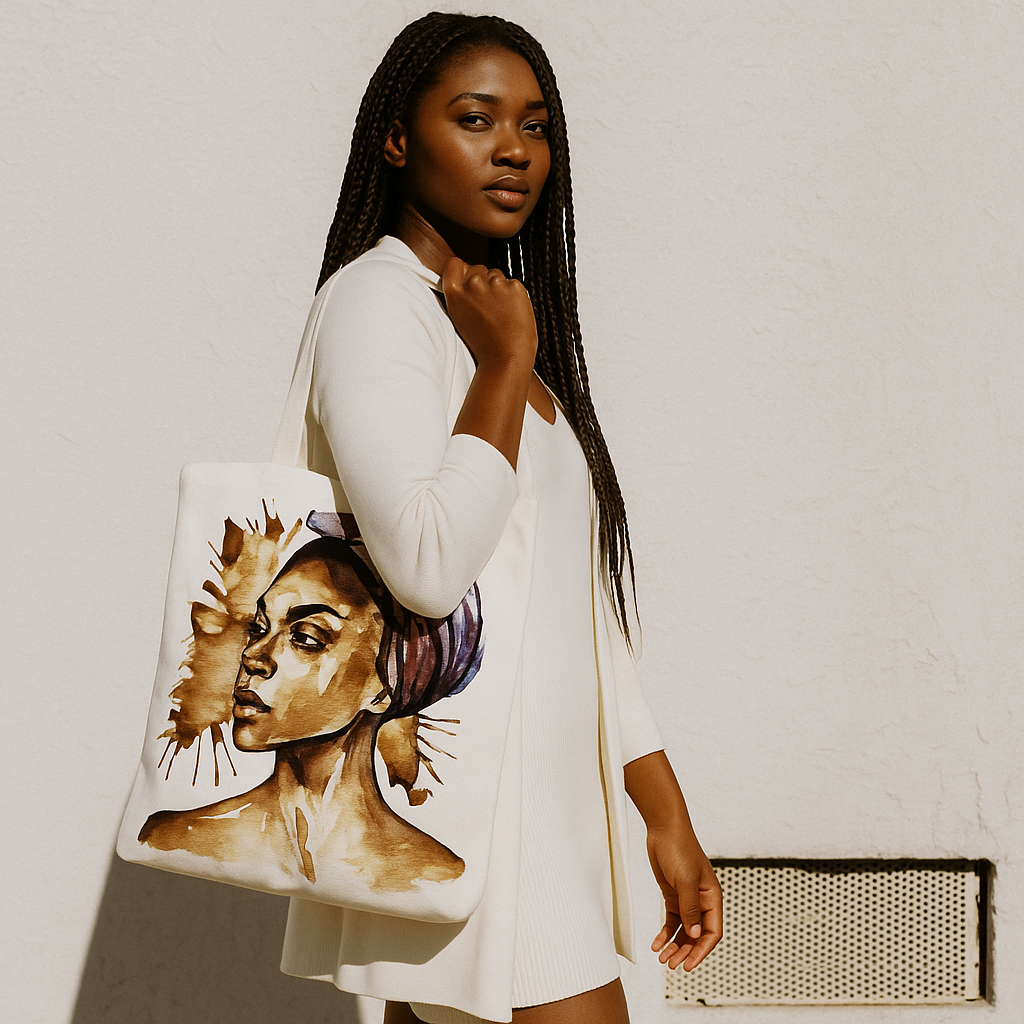 Digitally constructed fashion visualisation of a portrait artwork tote bag