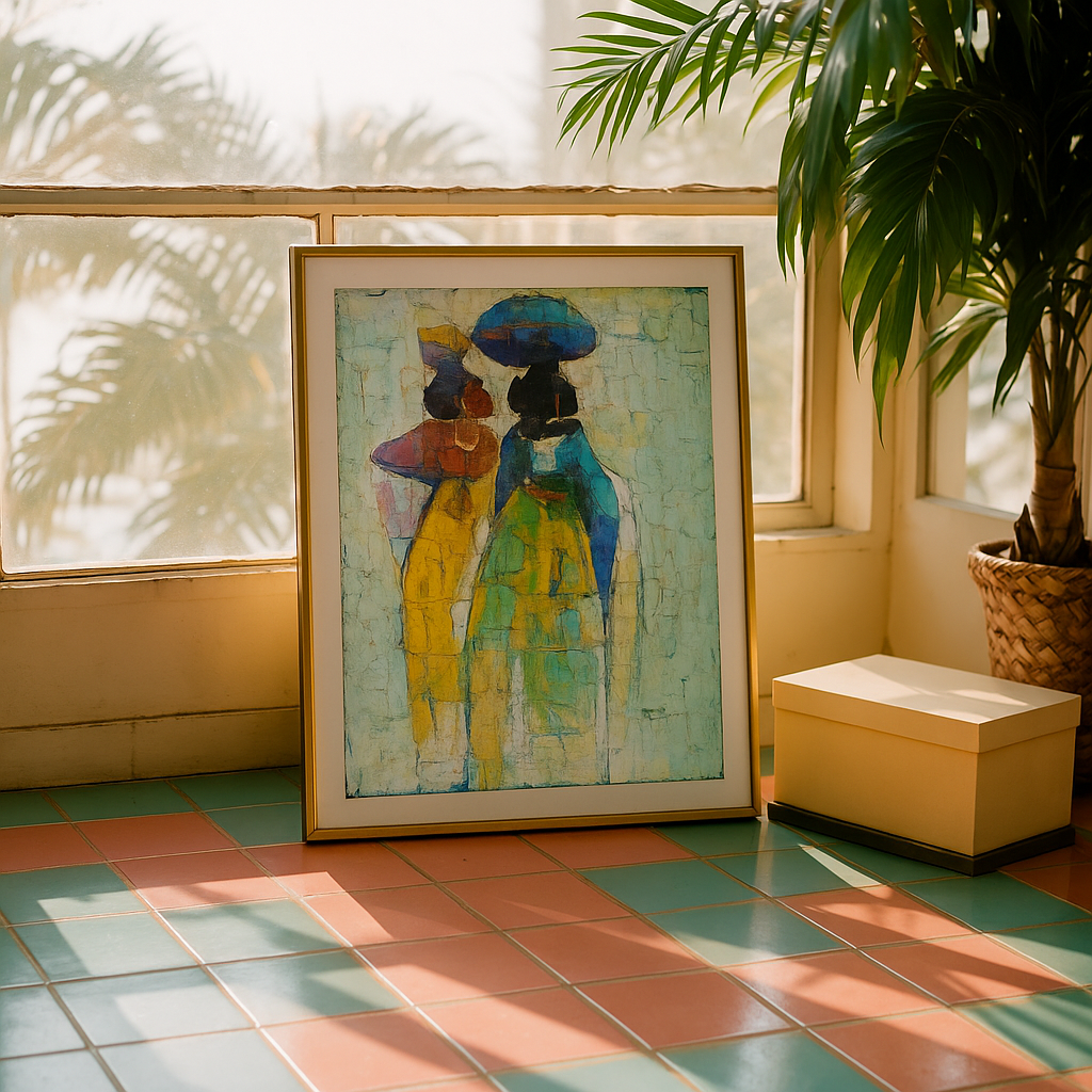 Framed artwork mockup within a sunlit tropical interior