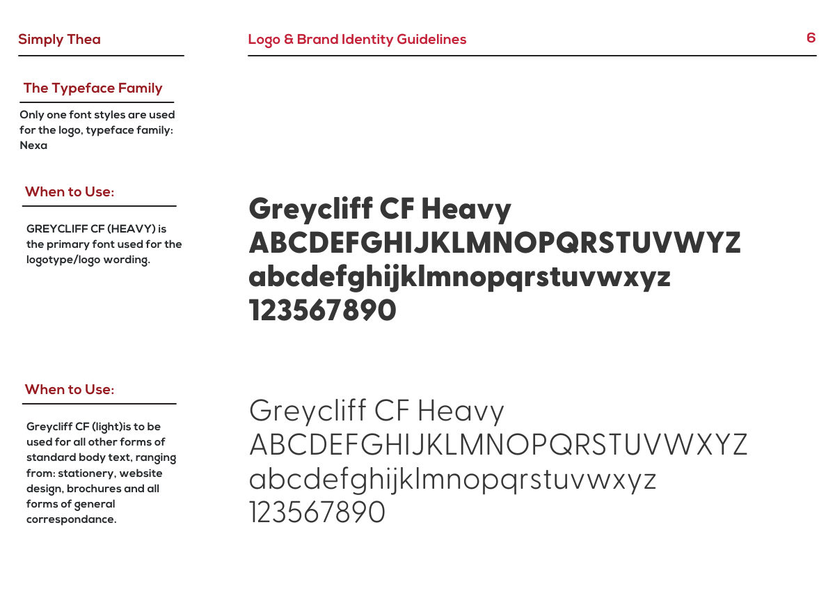 Simply Thea typography guidelines with Greycliff CF weight and hierarchy examples