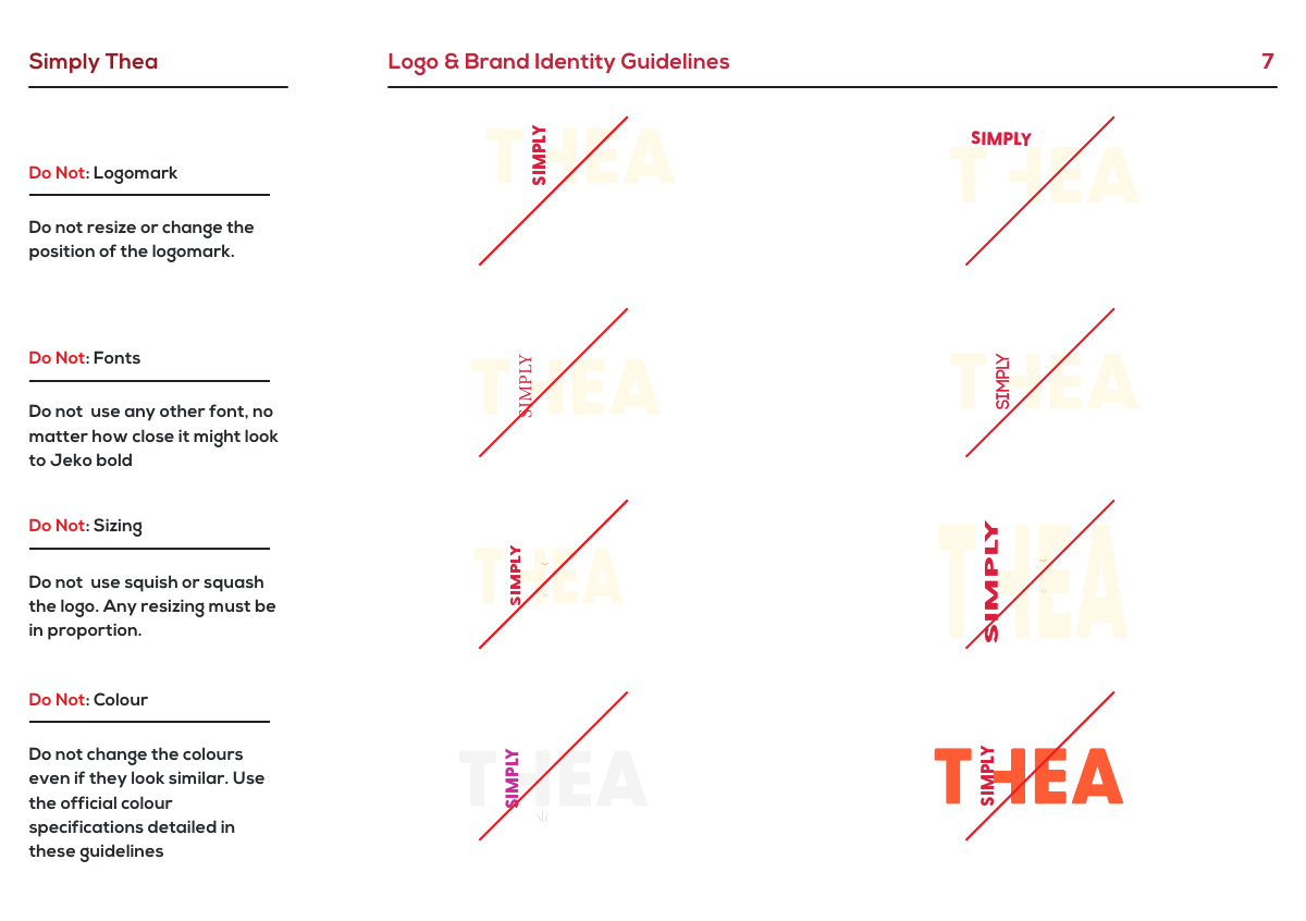 Simply Thea usage rules covering logo proportions, fonts, sizing and colour