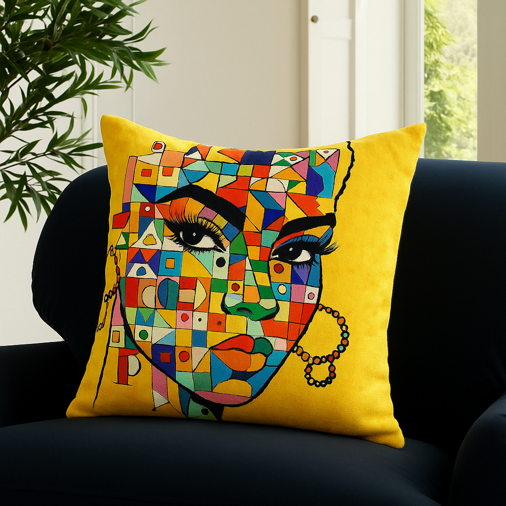 Yellow geometric portrait cushion mockup in a sunlit interior