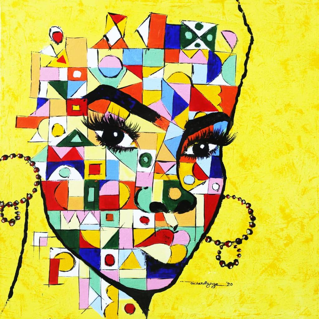 Simply Thea artwork featuring a geometric multicoloured portrait against a yellow background
